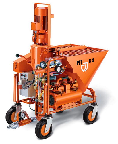 Pomarańczowa maszyna do wylewek PFT G4 na kółkach, z silnikiem elektrycznym i zbiornikiem, widok z boku na białym tle.